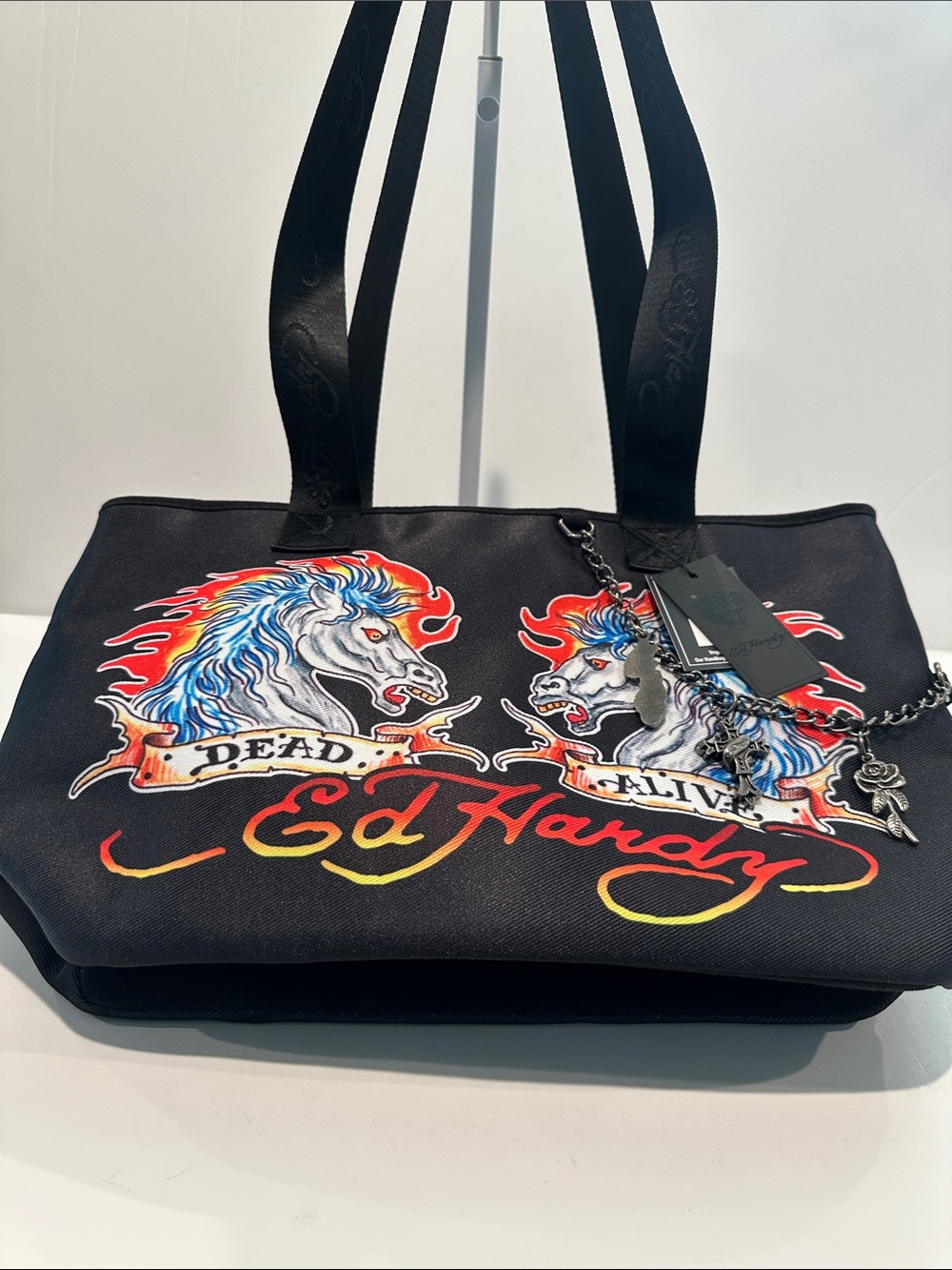 NWT Ed Hardy Dead/Alive Dueling Mustangs Medium Tote/Shoulder Bag W/Charms.